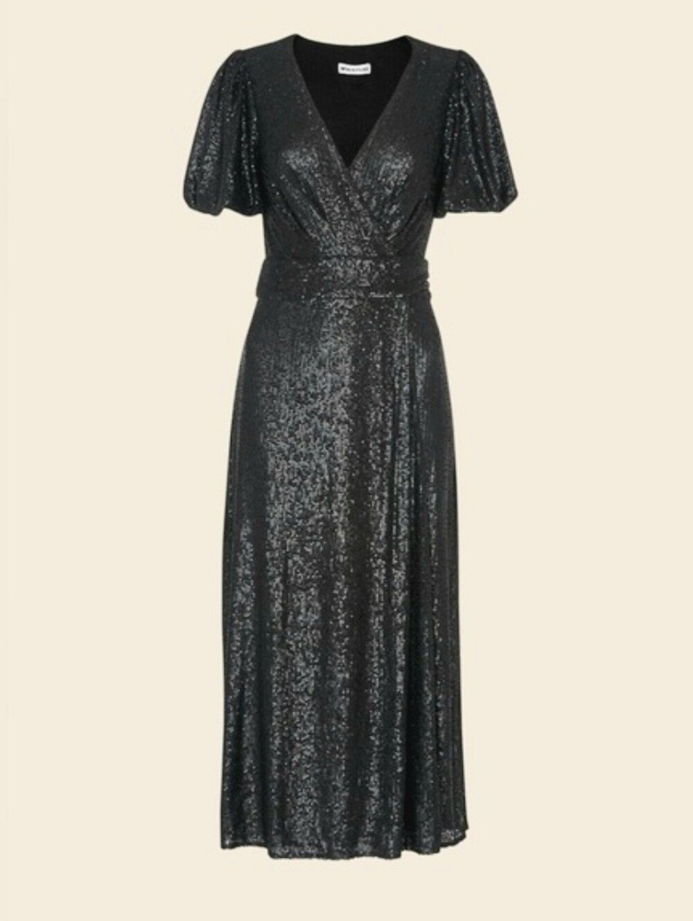 Whistles Black Sequin Midi Wrap Evening Formal Cocktail Dress, Witch Dress, Sz 6
